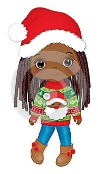 Vector Image of Cute Afro Girl in Santa Claus Hat