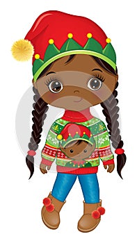 Vector Image of Cute Black Girl Wearing Elf Hat and Christmas Sweater