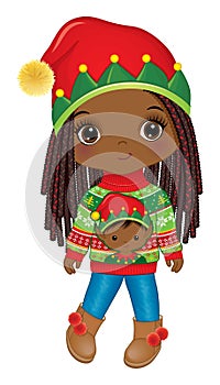 Vector Image of Cute Black Girl Wearing Elf Hat and Christmas Sweater