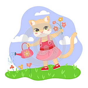 Vector image of a cute cartoon kitten in a pink dress with a pinkwatering can in one paw and flowers in other