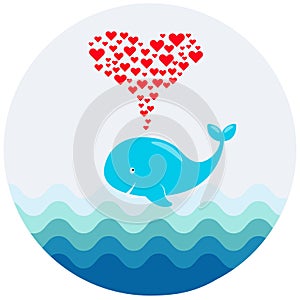 A vector image of a cute cartoon whale with hearts fountain. Illustration for greeting, baby shower or invitation card