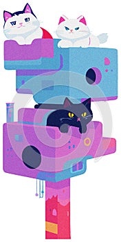 Vector image, cute cats playing in cat house