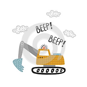 vector image of cute excavator and beep text photo