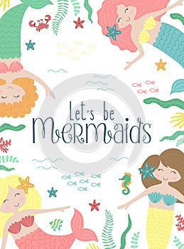 Vector image of cute little mermaids, seaweed, starfish, crab, seahorse, fish.