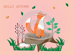 Vector image of cute red fox sitting on the stump