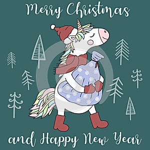 Vector image of a cute unicorn in a hat, scarf and boots with a bag of gifts. Greeting card with the inscription Merry Christmas a