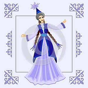 Vector image of a dancing girl in a Kazakh folk costume on the background of an ornament