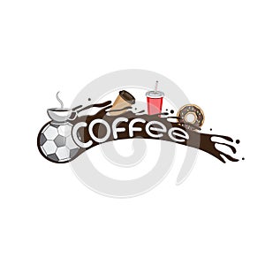 Vector image design flying soccer ball coffee liquid Cup packing doughnut letters on isolated white background
