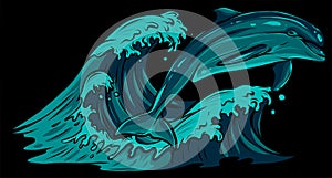 Vector image of dolphins jumping out of water