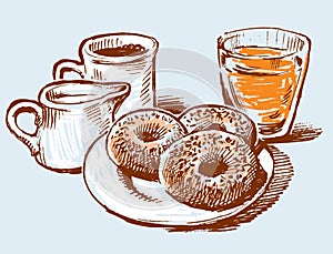 Donuts with coffee and juice