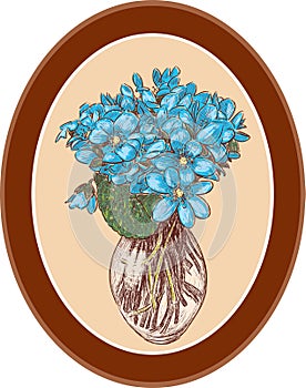 Vector image of drawn bouquet blue violets in oval picture frame