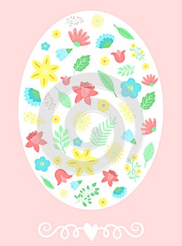 Vector image of egg with flowers, leaves and decorations on a pink background. Hand-drawn Easter illustration for spring happy hol