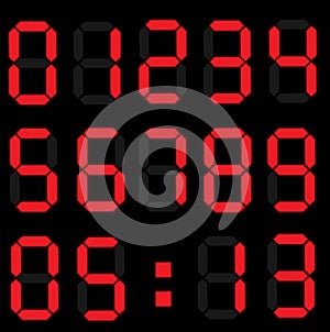 Vector image of the electronic digits on the scoreboard from zero to nine of red color on the black background.