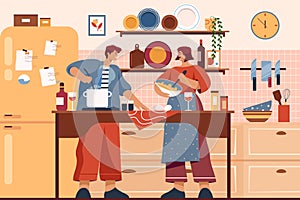 Vector image of family at home cooking food