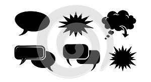 Black speech bubbles comic style vector illustration with different shapes and thought cloud design