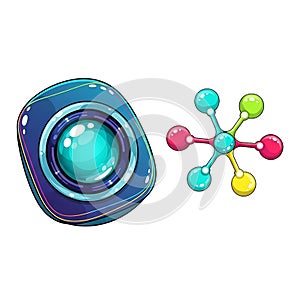 Modern cartoon eye next to colorful atom molecule illustration