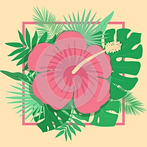 Vector image of a flower of hibiscus and tropical plants on a yellow background in a square frame. Summer tropical illustration.