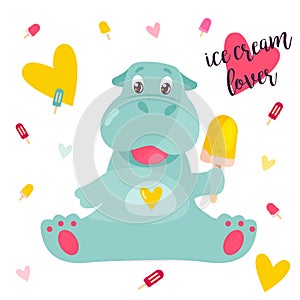 Vector image of a funny ice cream lover hippo