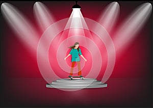 Vector image girl cartoon character riding a skateboard or surf skate standing on podium with spotlight
