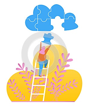 Vector image. The girl on the stairs. Putting together a cloud puzzle. Business concept