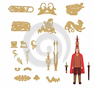 Vector image of the Golden man costume of the Scythian period, found during excavations with separate Golden elements