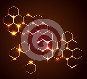 vector image of the golden shiny honeycomb abstract background with the stars and rays.
