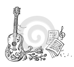 Vector image of a guitar with flowers and musical notation with a treble clef and scattering notes.