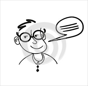 Vector image of a guy with glasses who speaks. Teaching and storytelling.