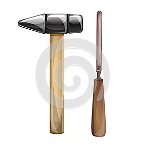 Image of a hammer and chisel auxiliary tool isolated on white background.