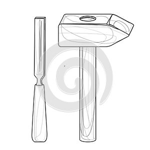 Vector image of a hammer and chisel auxiliary tool isolated on white background. Concept. Tool. Outline. EPS 10
