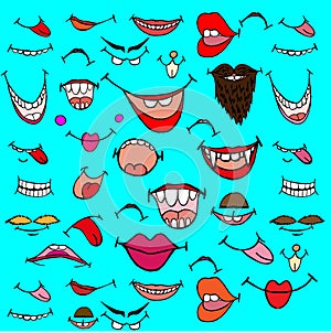 Vector image Hand-drawn. Abstract manifestations of emotions, smiles, showing the tongue.