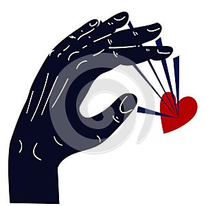 Vector image of a hand manipulating the heart and emotions, heartthrob. Hand and sharp particles to the heart