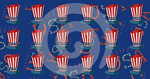 Vector image of hats with american flag pattern over blue background with usa text