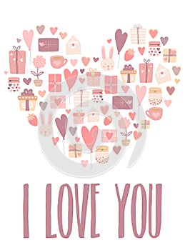 Vector image of a heart made from hand-drawn objects with the inscription I love you. Illustration in pink colors for Valentine`s