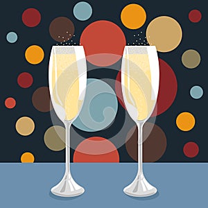 Vector Image Of A Holiday, Two Glasses Of Sparkling Wine (Champagne) On A Background Of Colored Elements In Retro Style