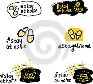 Vector image of home slippers, cups and books with the words stay at home