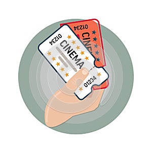 Vector image icons. Movie tickets. Two tickets to the cinema in his hand. Cartoon style or flat