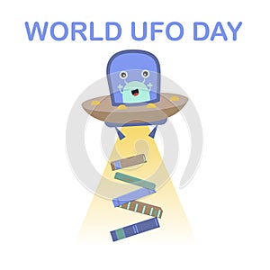 Vector image for international UFO day. A flat picture of a flying saucer with aliens who want to steal something from