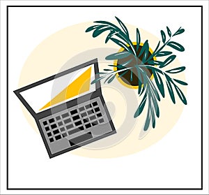 Vector image of a laptop. A flower in a pot