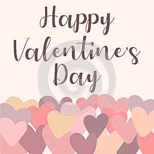 Vector image of love lettering on a background of pink, lilac and beige hearts. Illustration for Valentine`s Day, lovers, prints,