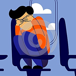 A vector image of a man in the airplane having an aerophobia.