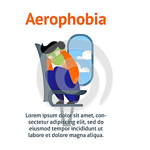 A vector image of a man in the airplane having an aerophobia. A passenger being nervous and in a stress. A color image for a