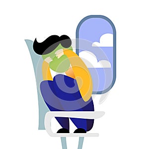 A vector image of a man in the airplane having an aerophobia. A passenger being nervous and in a stress. A color image for a