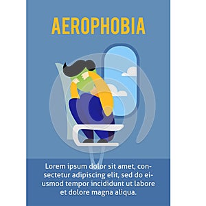 A vector image of a man in the airplane having an aerophobia. A passenger being nervous and in a stress. A color image for a