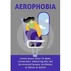 A vector image of a man in the airplane having an aerophobia. A passenger being nervous and in a stress. A color image for a trave