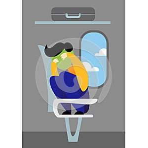 A vector image of a man in the airplane having an aerophobia. A passenger being nervous and in a stress. A color image for a trave
