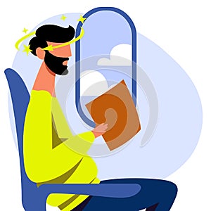 A vector image of a man in the airplane with motion sickness and dizziness.