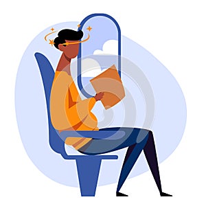 A vector image of a man in the airplane with motion sickness and dizziness.