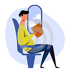 A vector image of a man in the airplane with motion sickness and dizziness.