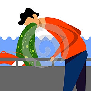A vector image of a man in the ship with motion sickness and dizziness.